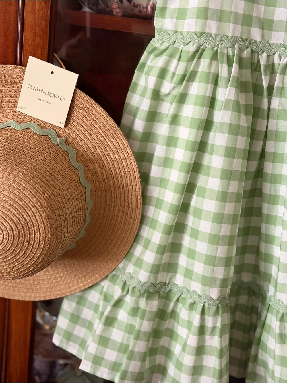Green and White Gingham girls Dress with matching hat